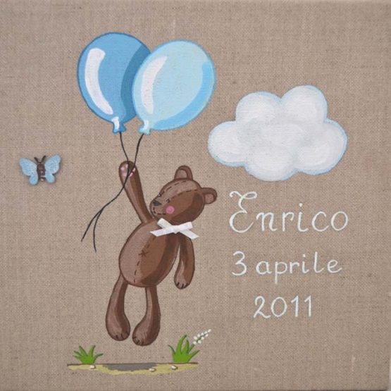 Immagine quadro soggetto Orsetto volante con palloncini di colore celeste adatto aun bambino