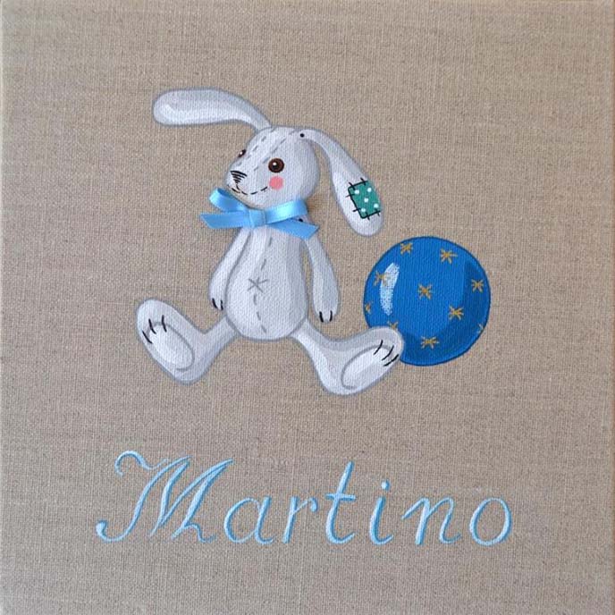 Immagine quadro soggetto Coniglio con palla colore blu adatto ad per un bambino