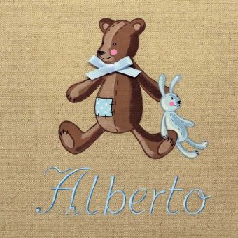 Immagine quadro soggetto Orsetto con peluche di colore blu adatto ad un bambino