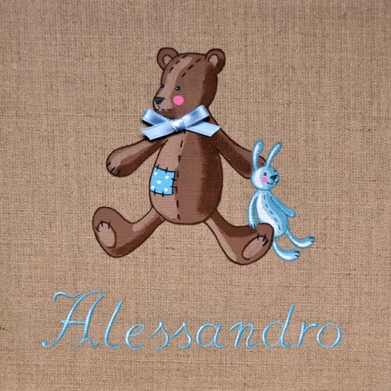 Orsetto con peluche dipinto a mano su tela di lino
